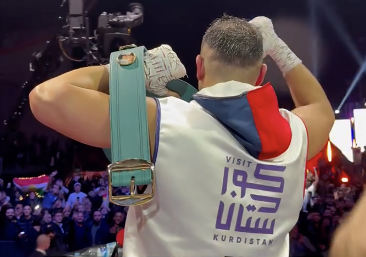 Agit Kabayel salutes his fans at the sold-out Rudolf Weber Arena in Oberhausen, Germany after his victory Saturday. Photo: Queensberry/Instagram