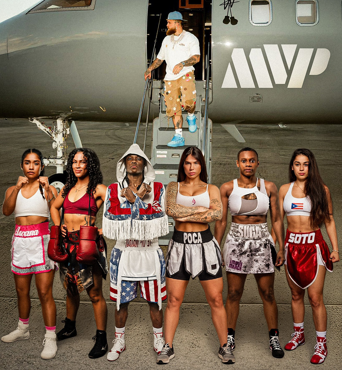 Jake Paul posted this photo of his six "new arrivals," six talented female pro boxers who signed with Most Valuable Promotions today.