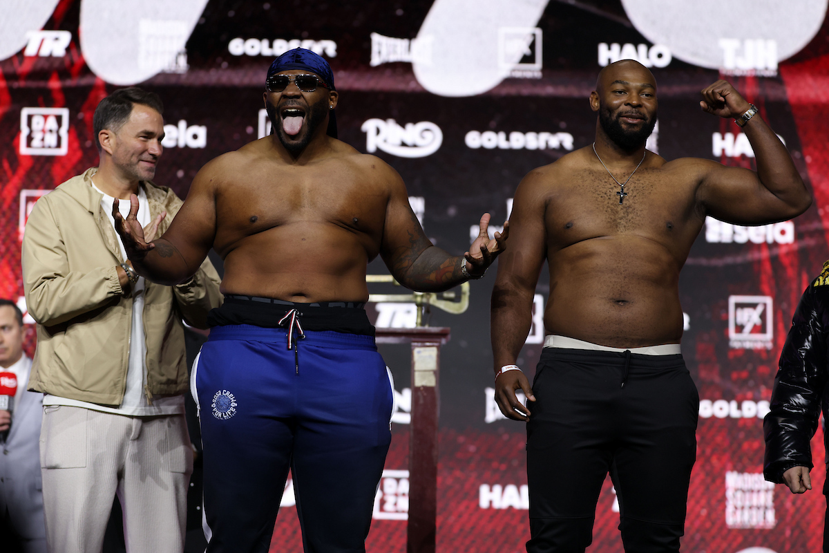 Big men Jarrell Miller and Kingsley Ibeh get down at MSG on Saturday. Photo: Cris Esqueda, Matchroom Boxing