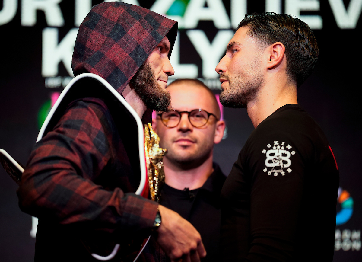 Things heated up Thursday between Bakhram Murtazaliev and Josh Kelly ahead of their IBF World Super Welterweight Title fight on Saturday night. Photo: Dave Thompson, Matchroom Boxing
