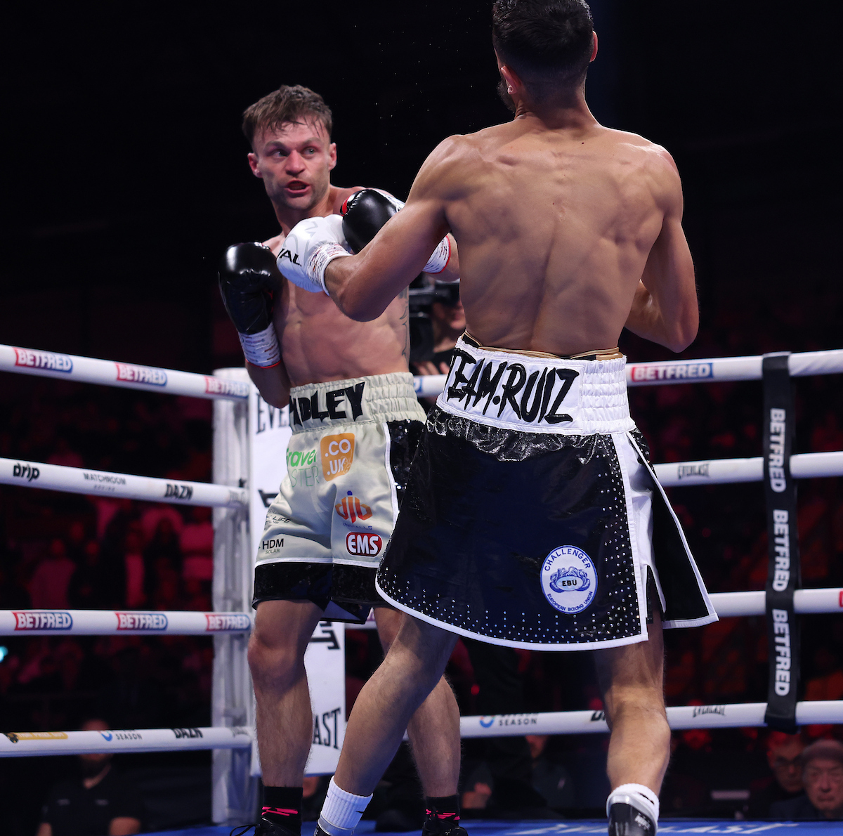 Josh Padley sends Jaouad Belmehdi to the canvas, winning the EBU Super Featherweight title by second round knockout. Photo: Mark Robinson, Matchroom Boxing