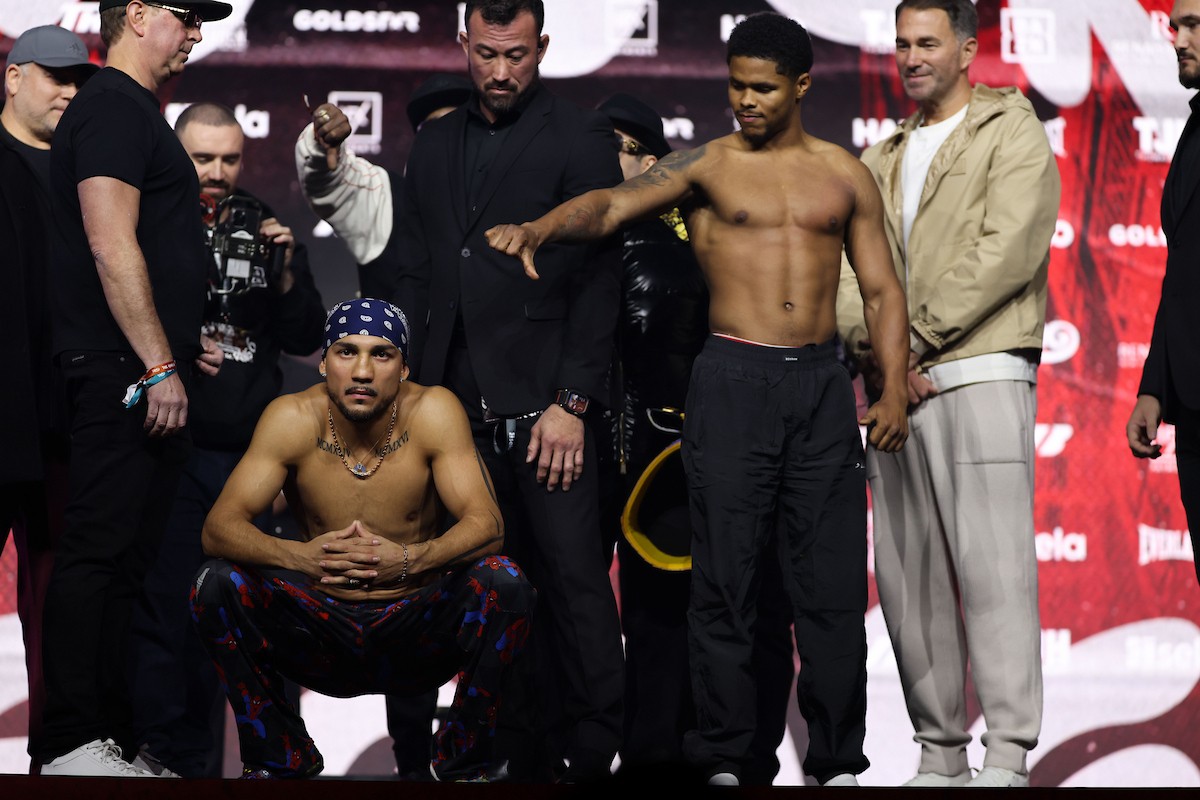 Tempers have been high between Shakur Stevenson, Teofimo Lopez and their camps, including a brawl in the audience at the weigh-in Friday. Photo: Cris Esqueda, Matchroom Boxing