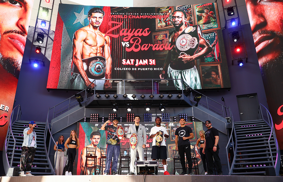 Participants in the main card from Puerto Rico on Saturday take the stage for their final pre-fight news conference on Thursday. Photo: Top Rank Boxing Zayas vs Baraou