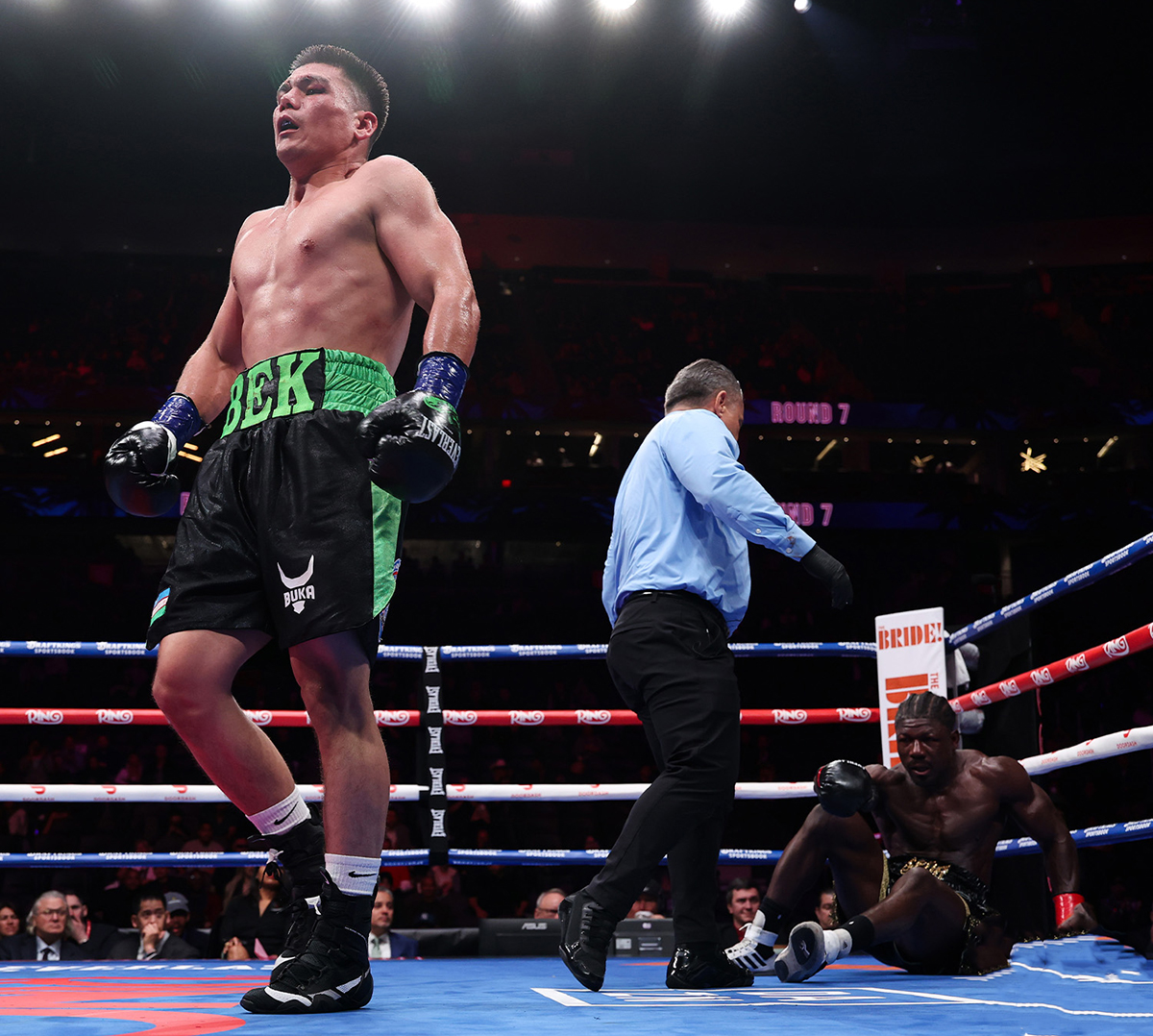 Bektimir Melikuziev delivered his best win in several years with a sensational knockout over Sena Agbeko. Photo: Cris Esqueda, Golden Boy Boxing