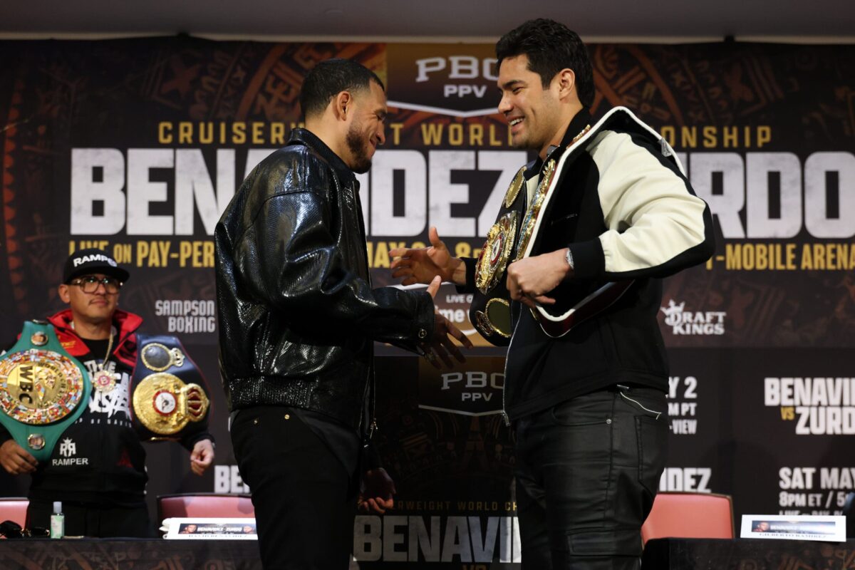 David Benavidez and Zurdo Ramirez were all smiles announcing their upcoming fight last Saturday, but it will be a different story on Cinco de Mayo weekend in Las Vegas. Photo: Cris Esqueda, Golden Boy Boxing
