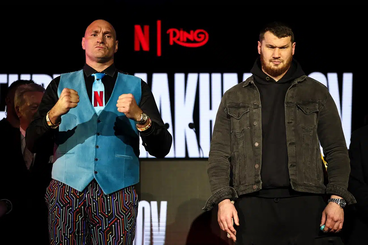 Tyson Fury and Aslanbek Mahkmudov had their first faceoff this week at the kickoff news conference for their April 11 fight. Photo: Richard Pelham for Netflix