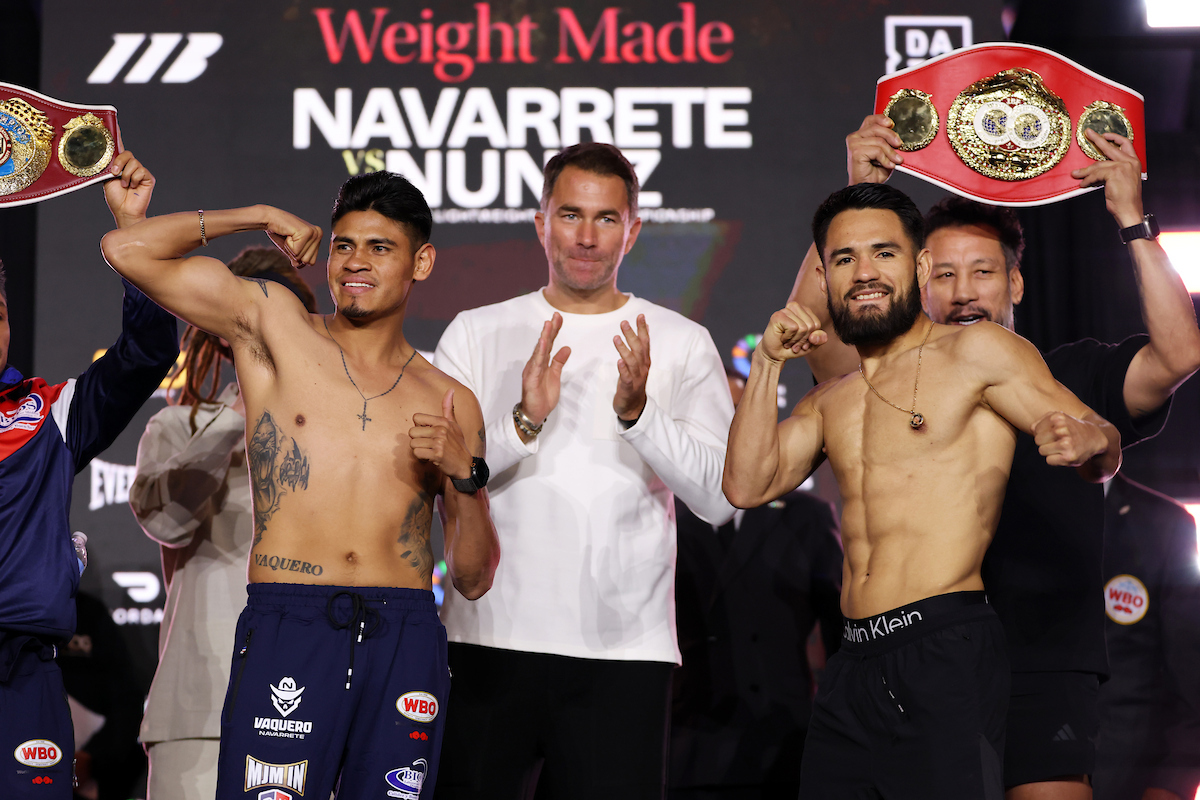 Emanuel Navarrete and Eduardo “Sugar” Nunez weigh In Friday ahead of their IBF and WBO junior lightweight unification fight on Saturday. Photo: Cris Esqueda, Matchroom Boxing Navarrete vs Nunez