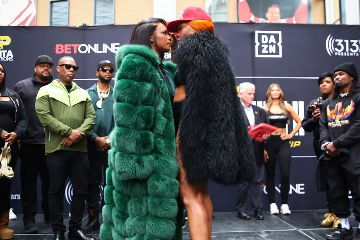 It was a spicy weigh-in Saturday in Detroit between Claressa Shields and challenger Franchon Crews-Dezurn. Photo: Salita Promotions