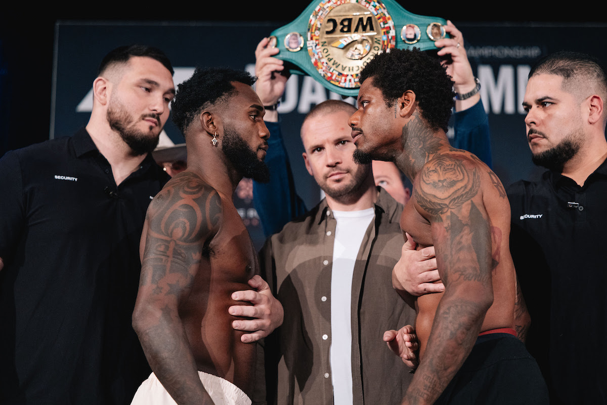 Carlos Adames and Austin Williams show there is no love lost between them at Friday's weigh-in faceoff in Orlando. Photo: Matchroom Boxing ProBox TV
