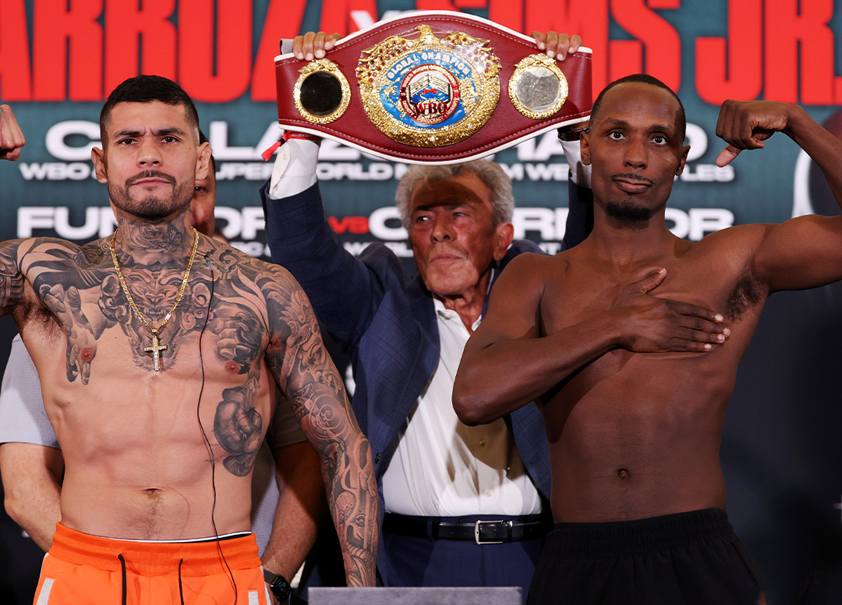 Arnold Barboza Jr. and Kenneth Sims Jr. made the welterweight limit for their 10 round main event fight Saturday night in Anaheim. Photo: Cris Esqueda, Golden Boy Boxing