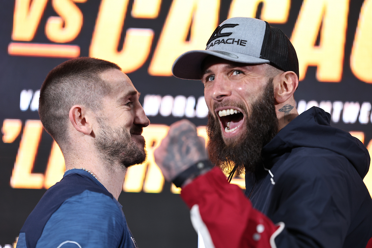 Anthony Cacace displayed his trademark ferocity at the final pre-fight news conference in Dublin with Jazza Dickens. Photo: Leigh Dawney, Queensberry