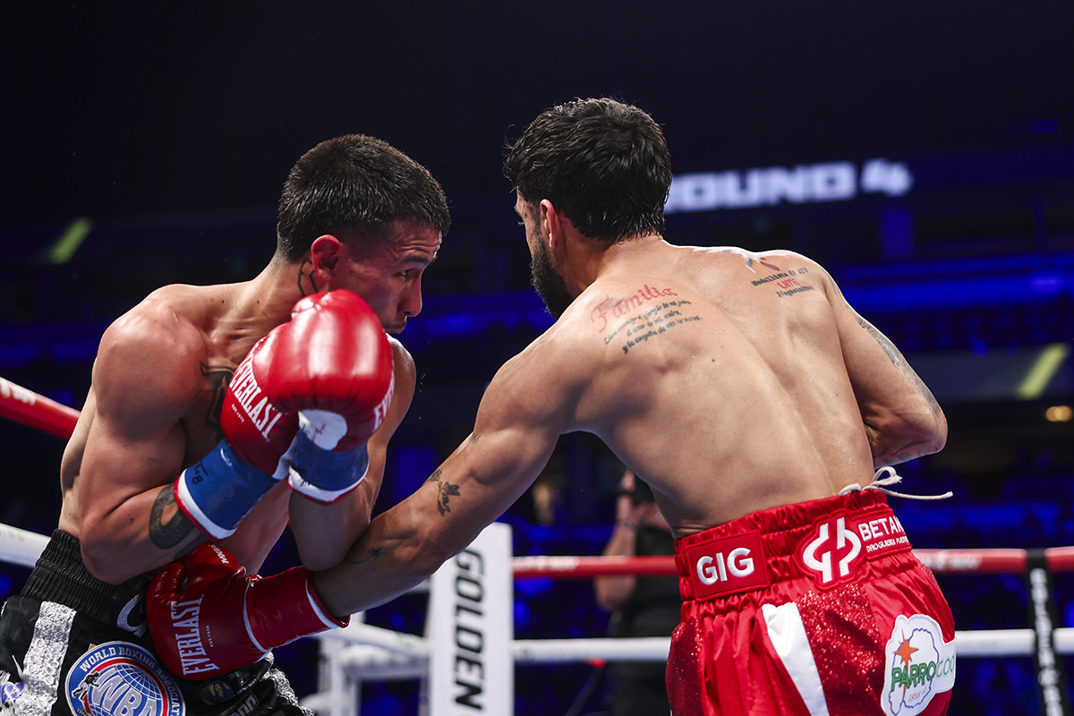 The body attack from Oscar Collazo was relentless. Photo: Cris Esqueda, Golden Boy Boxing Barboza