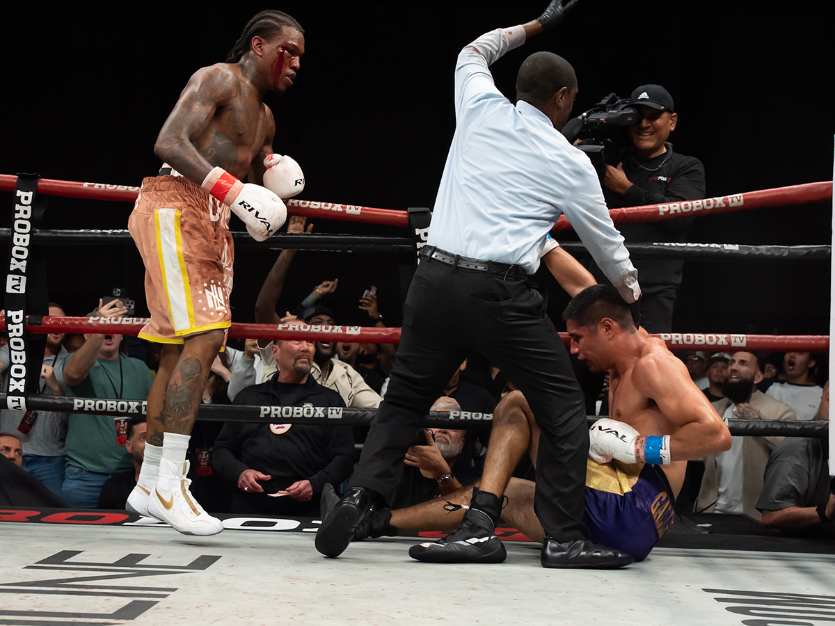 Najee Lopez forced referee Chris Young to step in and save Manuel Gallegos. Photo: ProBoxTV