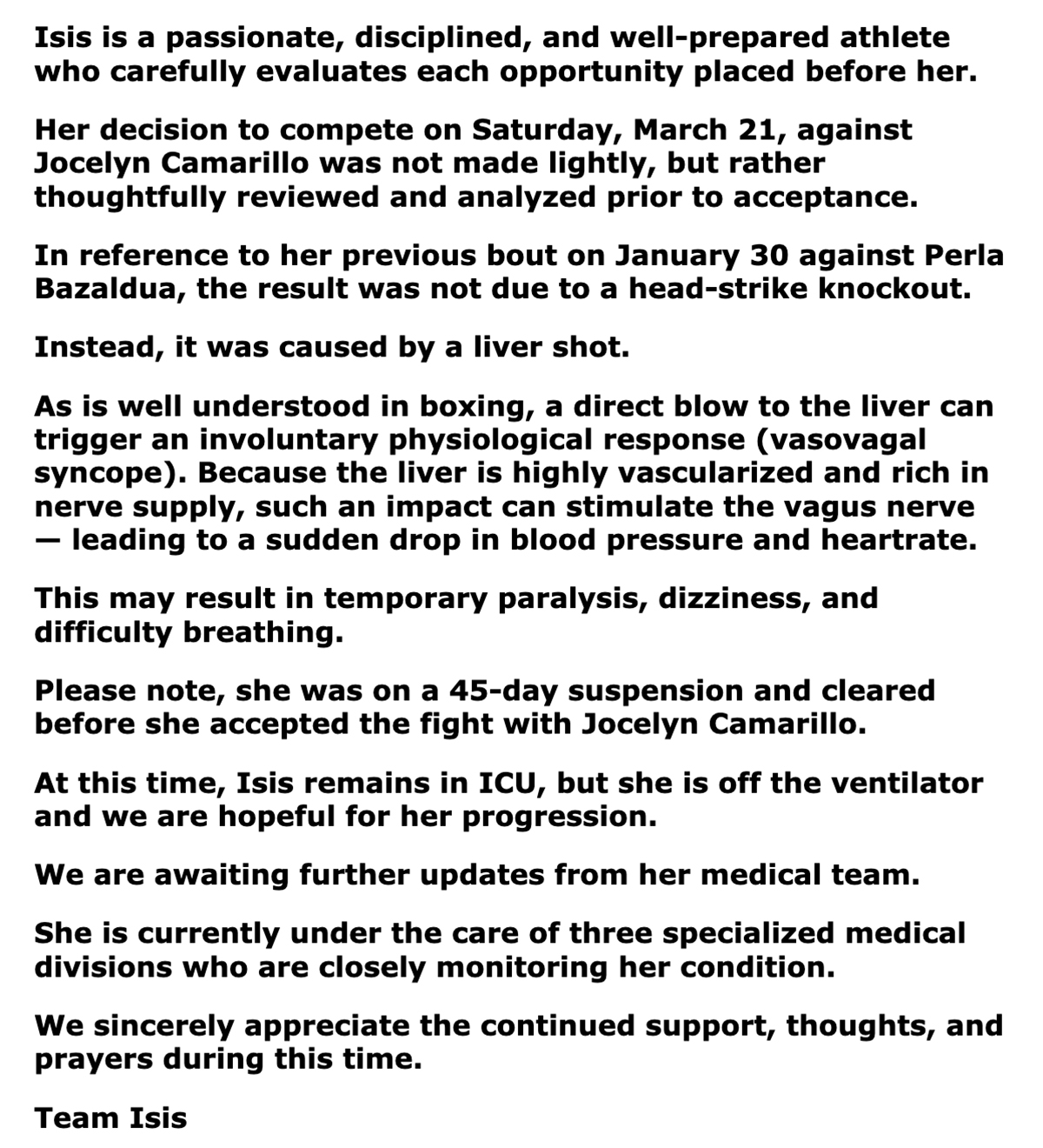 Monday's full statement from Team Isis on behalf of Isis Sio. Photo: ProBox