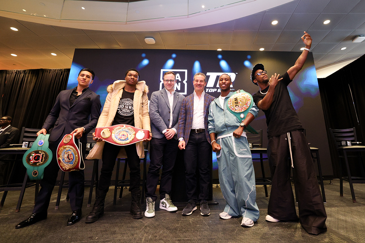 Top Rank's Todd duBoef, Pete Silver of DAZN, and four rising stars gathered at Madison Sqaure Garden for the announcement of a multi-year deal. Photo: Top Rank
