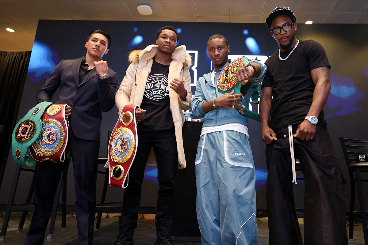 (L to R) Emiliano Vargas, Abdullah Mason, Bruce Carrington, and Keyshawn Davis are part of the Top Rank stable heading for a new home on DAZN. Photo: Top Rank