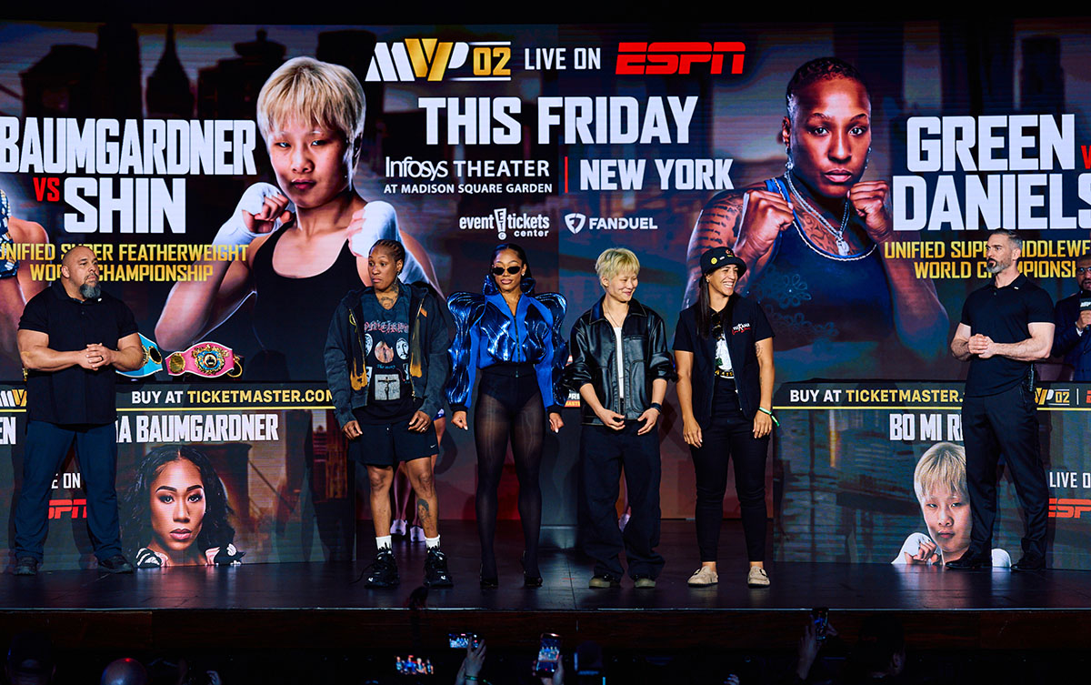 Fighters pose at the final pre-fight news conference in New Yorkl for MVPW-02, set on Friday and airing on ESPN. L to R: Shadasia Green, Alycia Baumgardner, Bo Mi Re Shin, Lani Daniels. Photo: Most Valuable Promotions