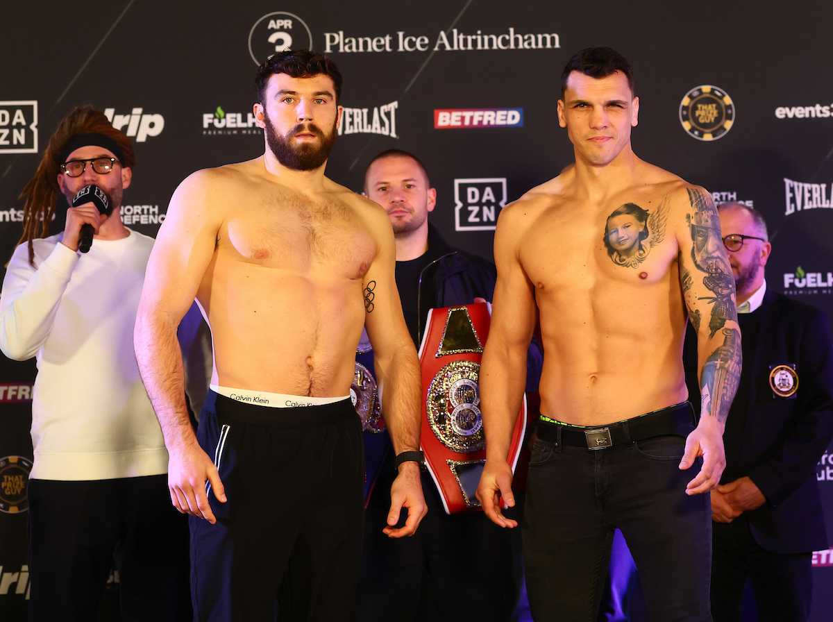 Pat Brown and Vasil Ducár weigh in ahead of their cruiserweight fight on Friday night in Manchester. Photo: Paul Currie, Matchroom Boxing Pacquiao