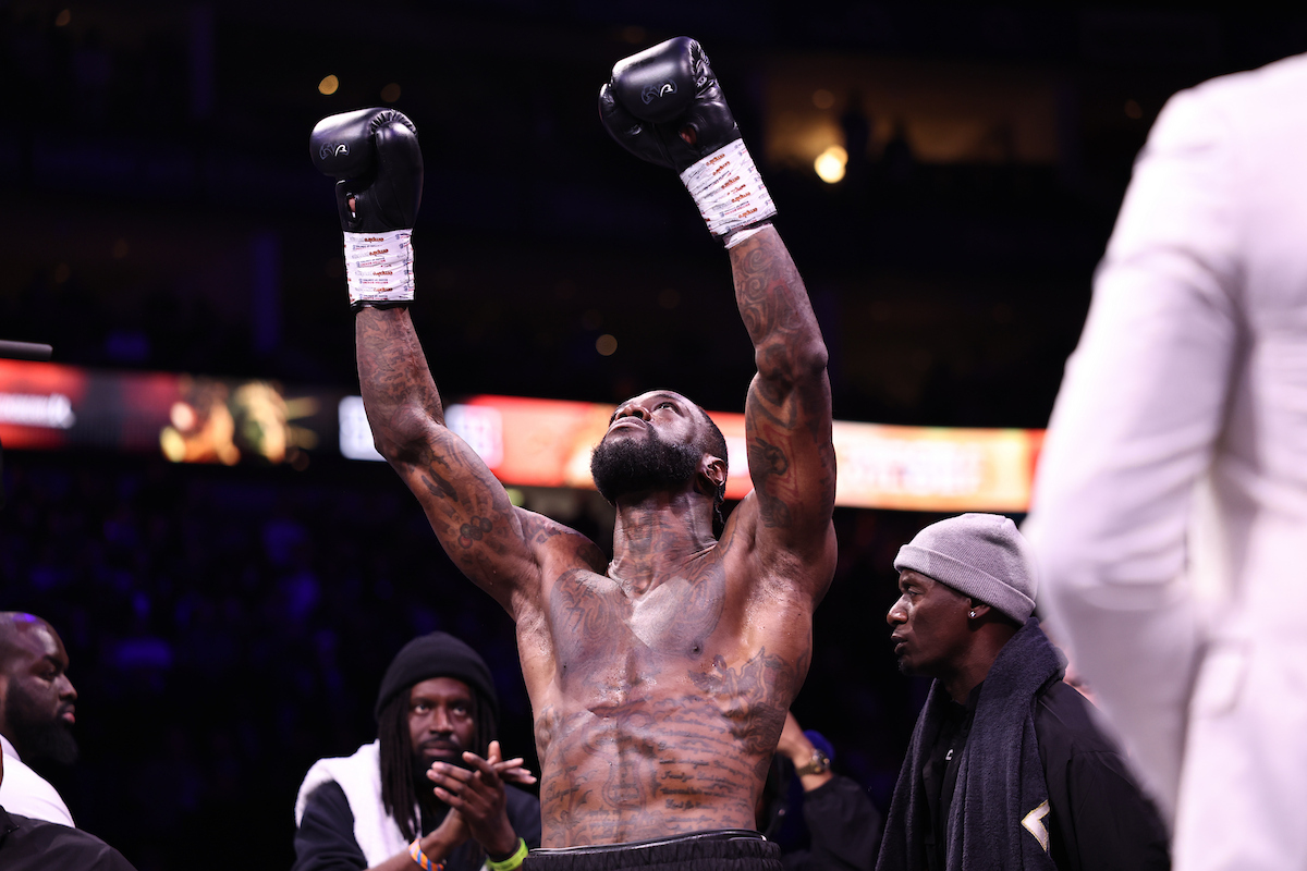 Deontay Wilder celebrates his split decision victory over Derek Chisora. Photo: Queensberry Promotions