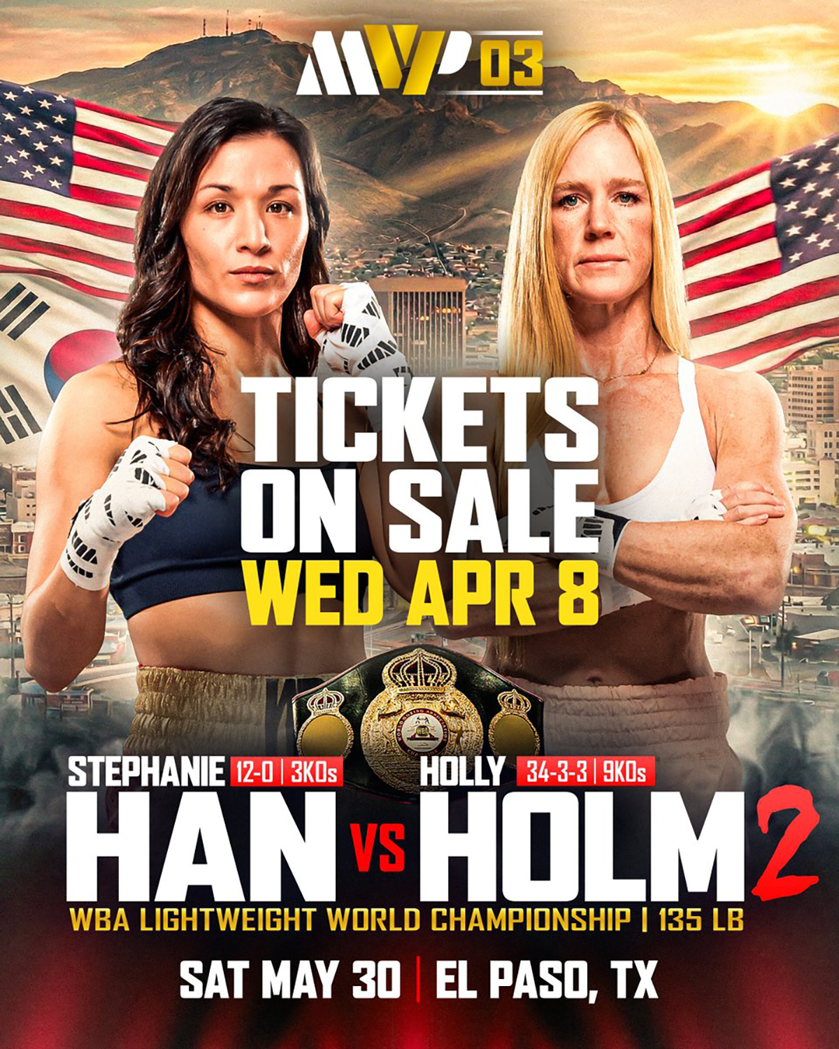 The rematch between Stephanie Han and Holly Holm is the second of the two MVPW-03 main events. Amanda Serrano