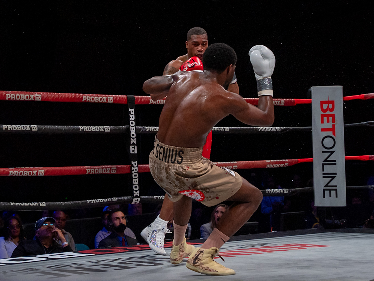 Van Marcos appeared on his way to a victory when he scored a knockdown against Dwyke Flemmings Jr. But the tide turned in the next round. Photo: ProBox Vito Mielnicki Jr. 