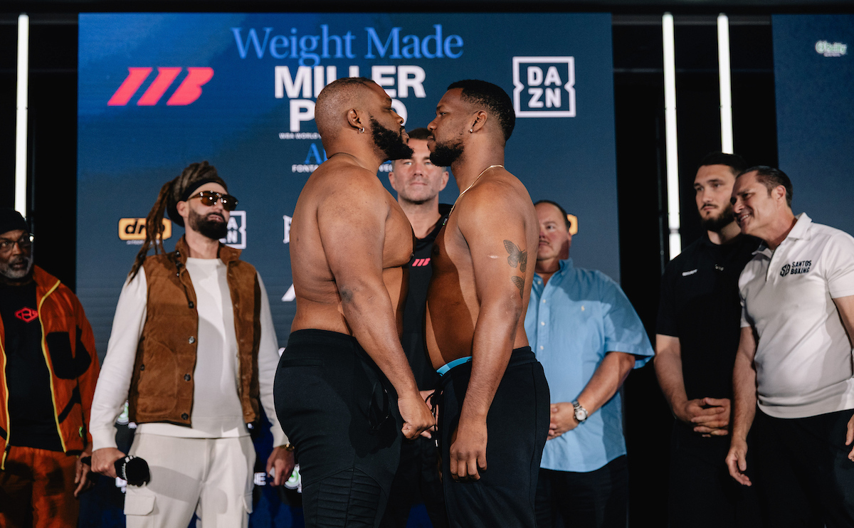 Jarrell Miller and Lenier Pero face off Friday at their weigh-in in Las Vegas. Photo: Matchroom Boxing Miller vs Pero