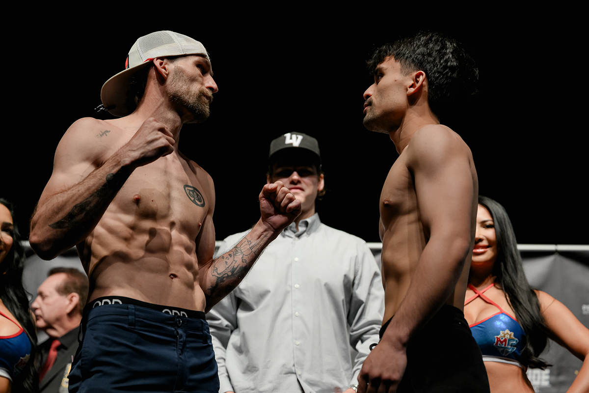 Darrick James and Jimuel Pacquiao Jr. faceoff at Thursday's weigh-in. Photo: Mikael Ona, Manny Pacquiao Promotions