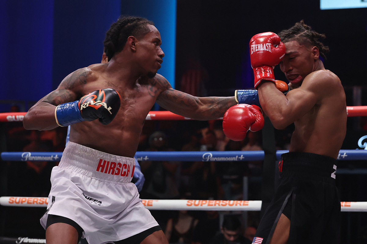 Tony Hirsch Jr. took the fight to favored Robert Meriwether III in a lightweight bout during the Zuffa Boxing 05 event Sunday in Las Vegas. Photo: Ed Mulholland/Zuffa Boxing