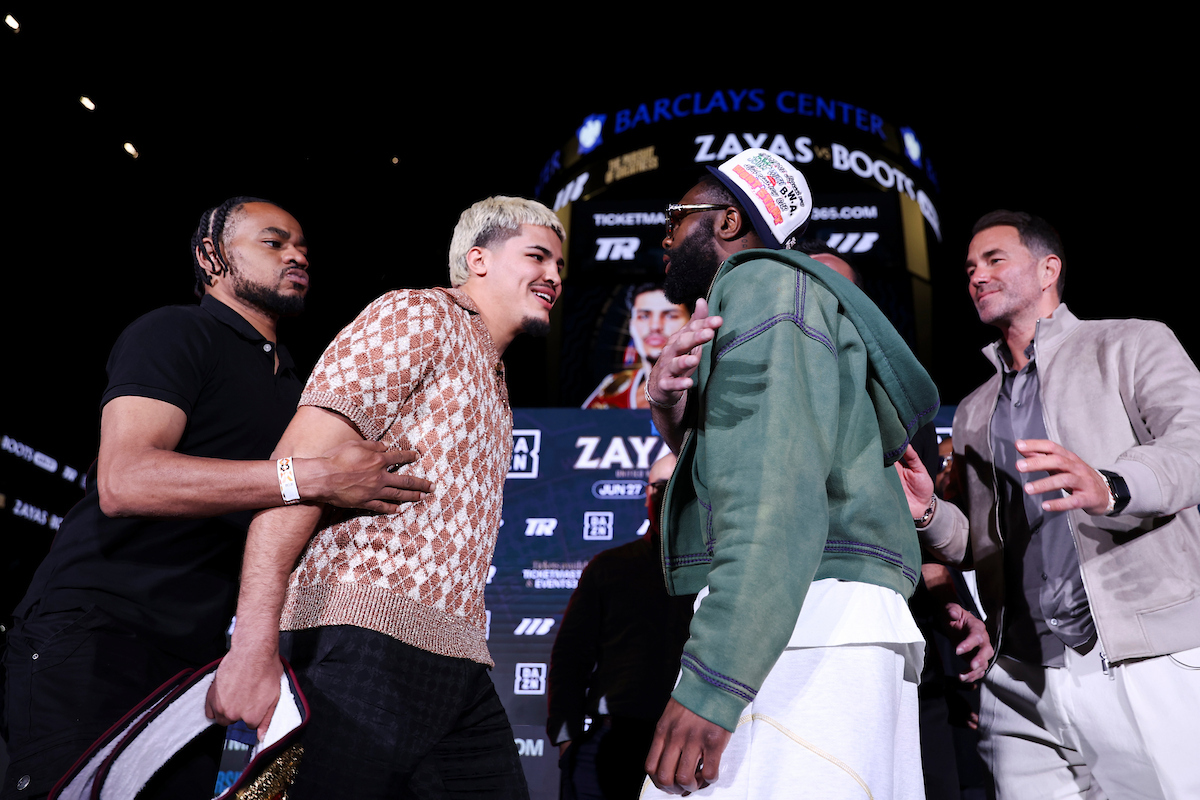 Xander Zayas and Jaron “Boots” Ennis face-off for the first time during their presser on April 8 at the Barclays Center. Photo: Zachariah Delgado, Matchroom Boxing Zayas vs Boots