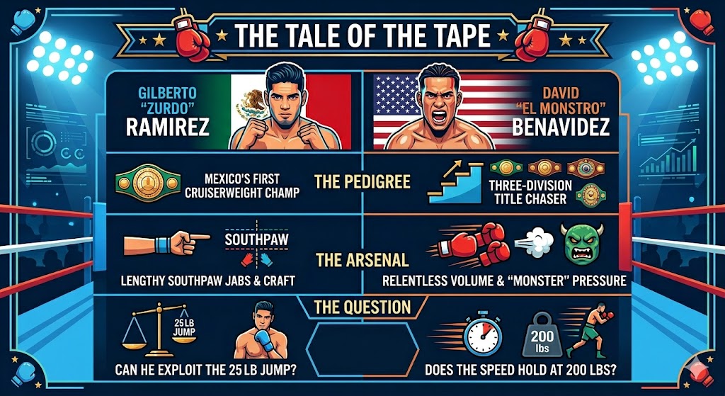 Credit: Matthew Pomara/NY Fights (Gemini) Zurdo vs Benavidez Tale of the Tape Zurdo vs Benavidez 