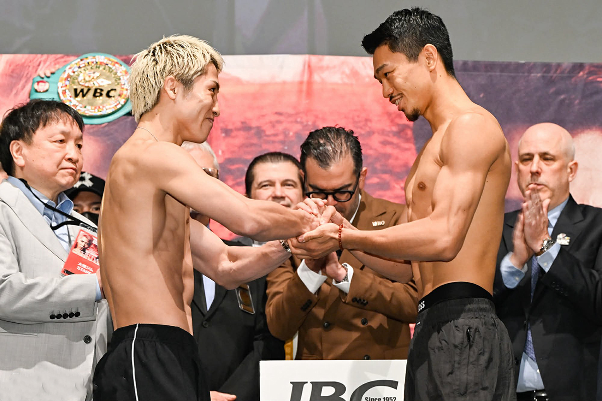 Naoya Inoue and Junto Nakatani shake hands at Friday's weigh-in. Photo: Naoki Fukuda