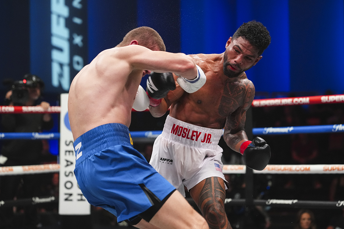 Shane Mosley Jr. drops the hammer on Serhii Bohuchuk in the seventh round of the Zuffa Boxing 06 main event at Meta APEX Sunday in Las Vegas, Nevada. Photo: Cooper Neill/Zuffa Boxing 06