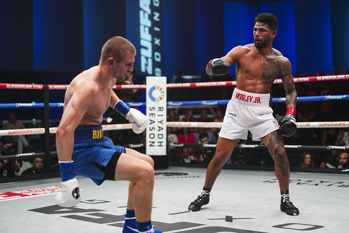 Shane Mosley Jr. watches as Serhii Bohachuk hits the canvas in the Zuffa Boxing 06 main event at Meta APEX on Sunday in Las Vegas, Nevada. Photo: Cooper Neill/Zuffa Boxing 06