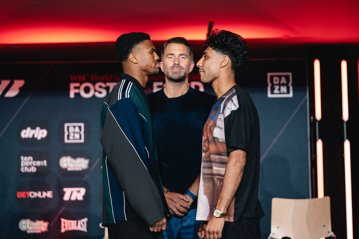 Omari Jones and Diego Osuna face off at the Foster vs Ford card press conference Thursday. Photo: Matchroom Boxing