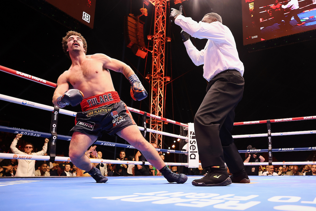 Richard Torrez Jr. is knocked out with a short right uppercut thrown by Frank Sanchez to win their heavyweight fight in two rounds Saturday. Photo: Mark Robinson, Matchroom Boxing undercard upsets
