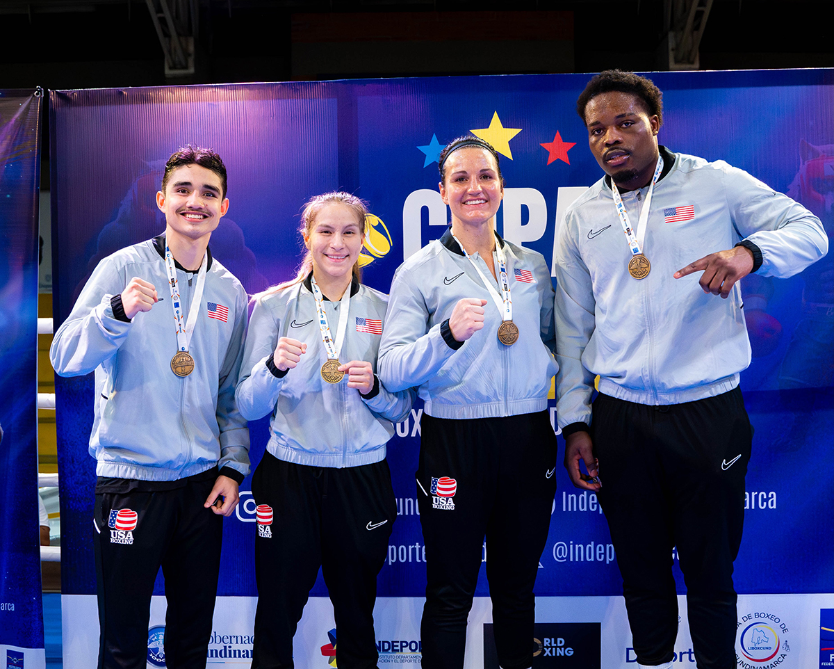 Team USA Boxing earned four gold medals at the Copa America. L to R: Moises Rodriguez, Jennifer Lozano, Kendra Samargis, and Gilbert Kabamba. Photo: USA Boxing