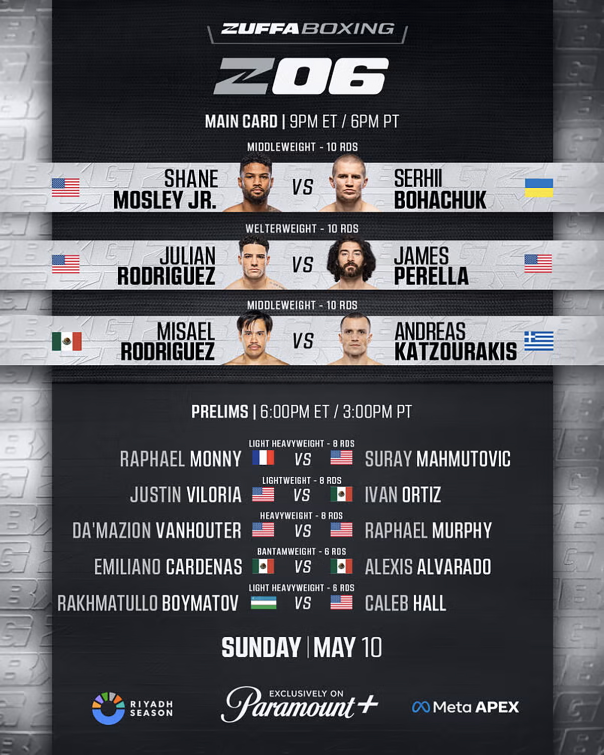 The full bout sheet for Zuffa Boxing 06, airing on Sunday on Paramount Plus.