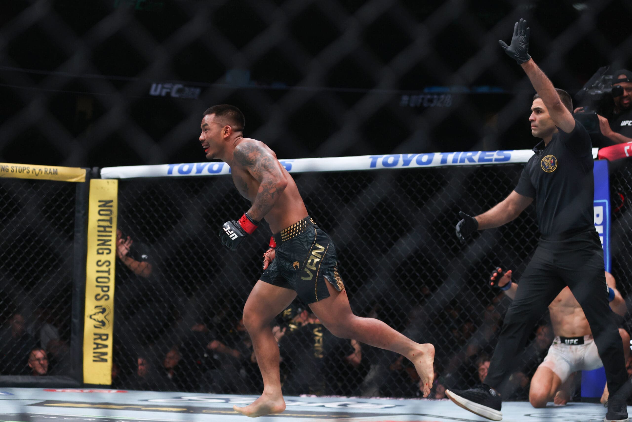 Joshua Van celebrates his win against Tatsuro Taira in Flyweight bout at UFC 328