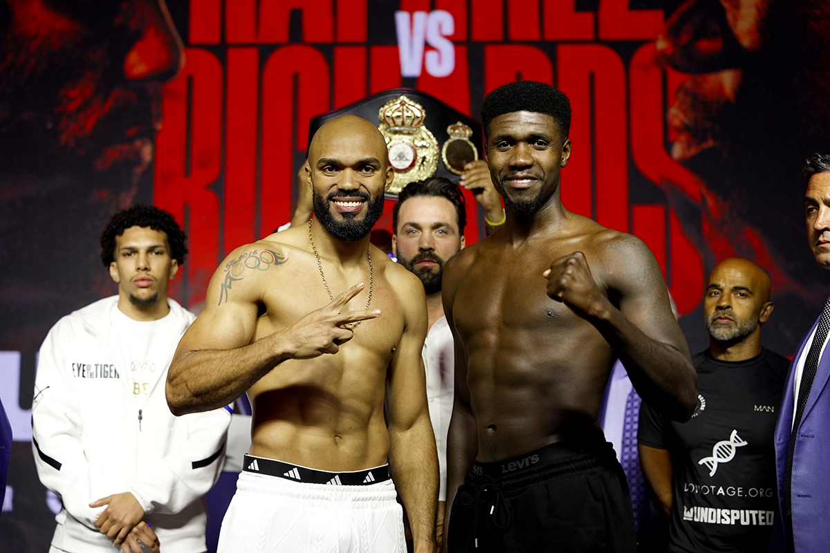 Albert Ramirez and Lerrone Richards are all smiles at the weigh-in, but it will change with the opening bell rings on Thursday. Photo: Vitor Munhoz / Vitor Munhoz Photography