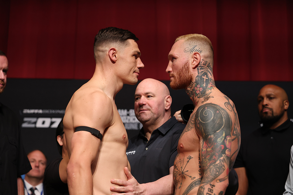 Chris Billam-Smith and Ryan Rozicki share an intense face-off after the ceremonial weigh-in for the Zuffa Boxing 07 fight card on Friday in Bournemouth. Photo: Ed Mulholland/Zuffa Boxing