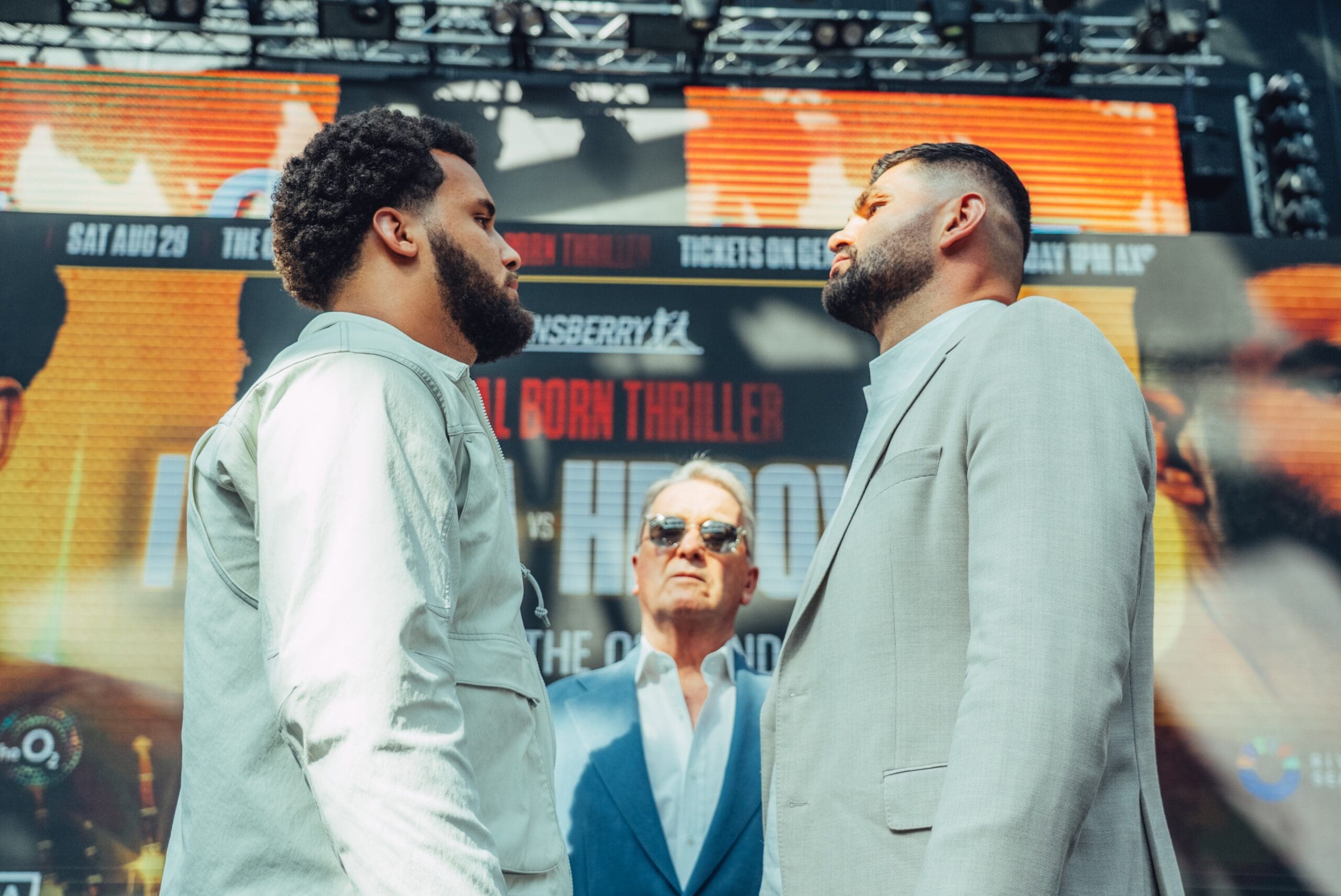 Big stakes for the big men as Moses Itauma and Filip Hrgovic face off Monday in London to announce their August 29 fight. Photo: Queensberry Promotions