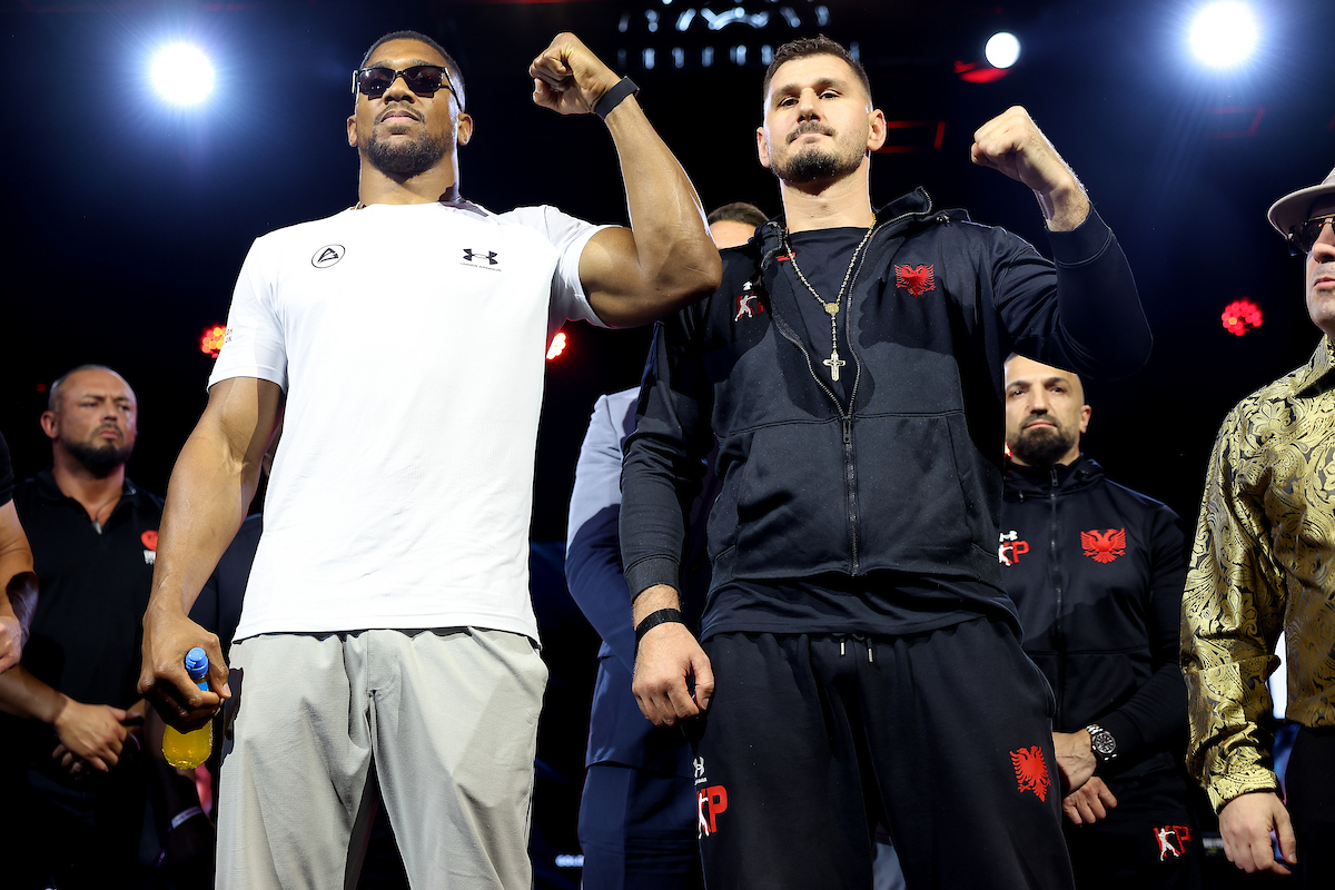 Anthony Joshua and Kristian Prenga pose at the launch press conference ahead of their heavyweight fight on July 25 in Saudi Arabia. Photo: Mark Robinson, Matchroom Boxing Joshua vs Prenga