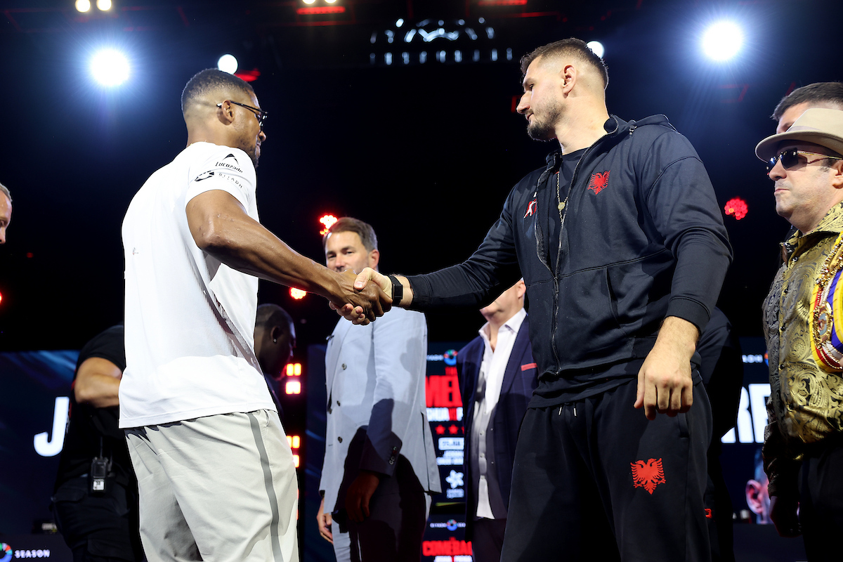 Anthony Joshua and Kristian Prenga were respectful but firm about their determination to win on July 25. Photo: Mark Robinson, Matchroom Boxing Joshua vs Prenga
