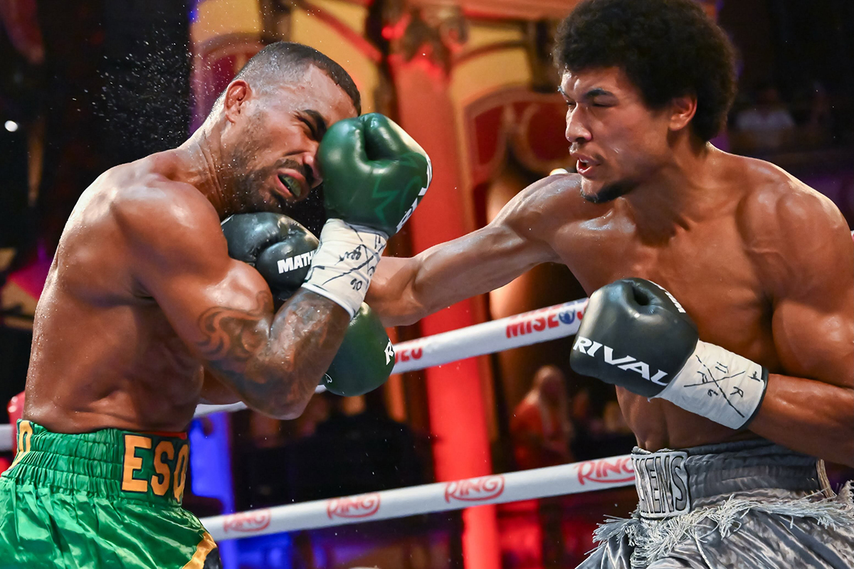 Wilkens Mathieu passed a significant test with an eighth round TKO over veteran Esqjuiva Falcao. Photo: Jeff Lockhart, EOTTM