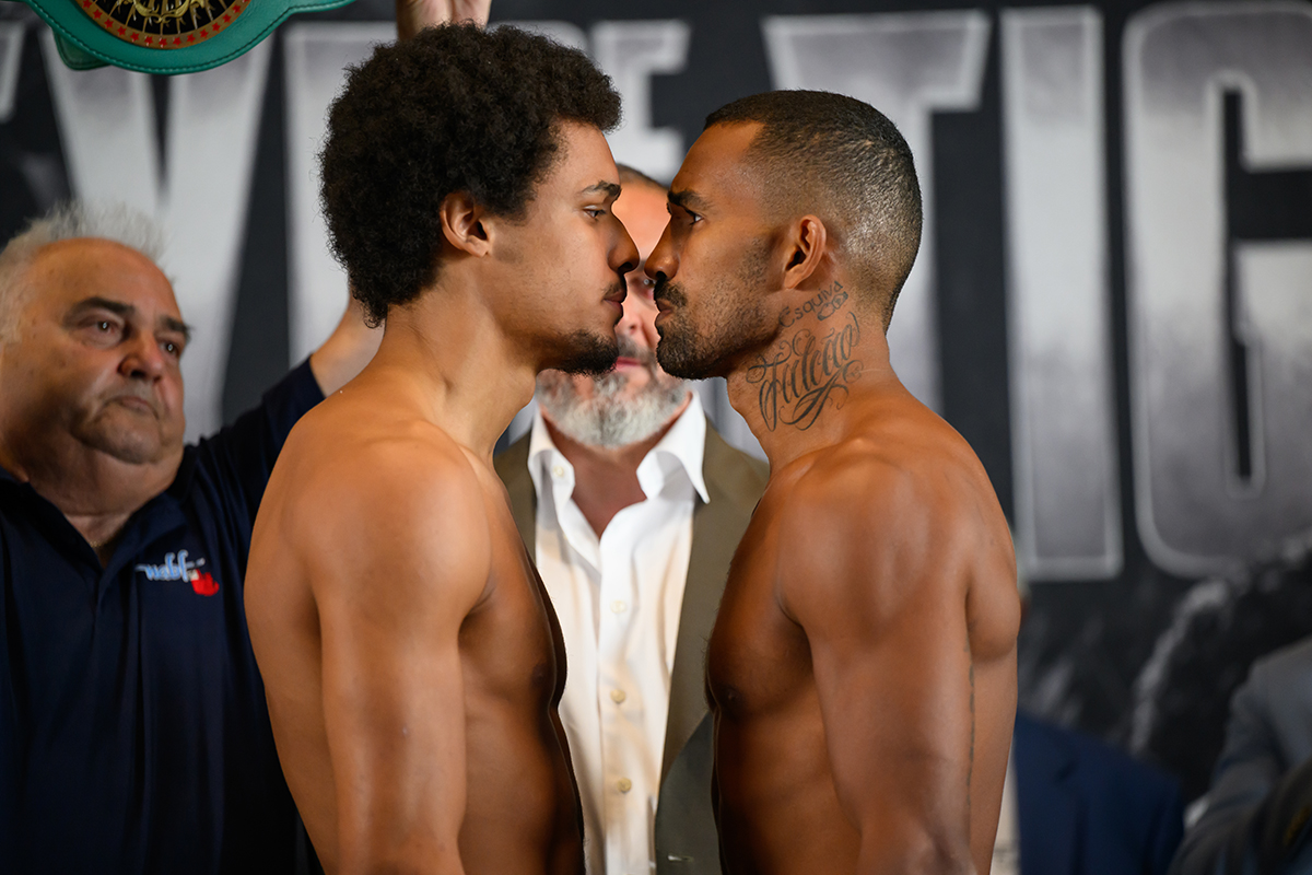 Wilkens Mathieu and former Olympic medalist Esquiva Falcao engage in a serious faceoff at the weigh-in Wednesday in Quebec City. Photo: Jeff Lockhart, EOTTM
