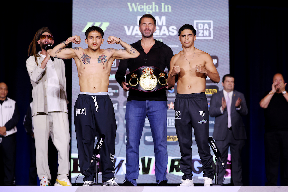 Bam Rodriguez and Antonio Vargas face-off Friday ahead of their world title fight. Photo: Zachariah Delgado, Matchroom Boxing