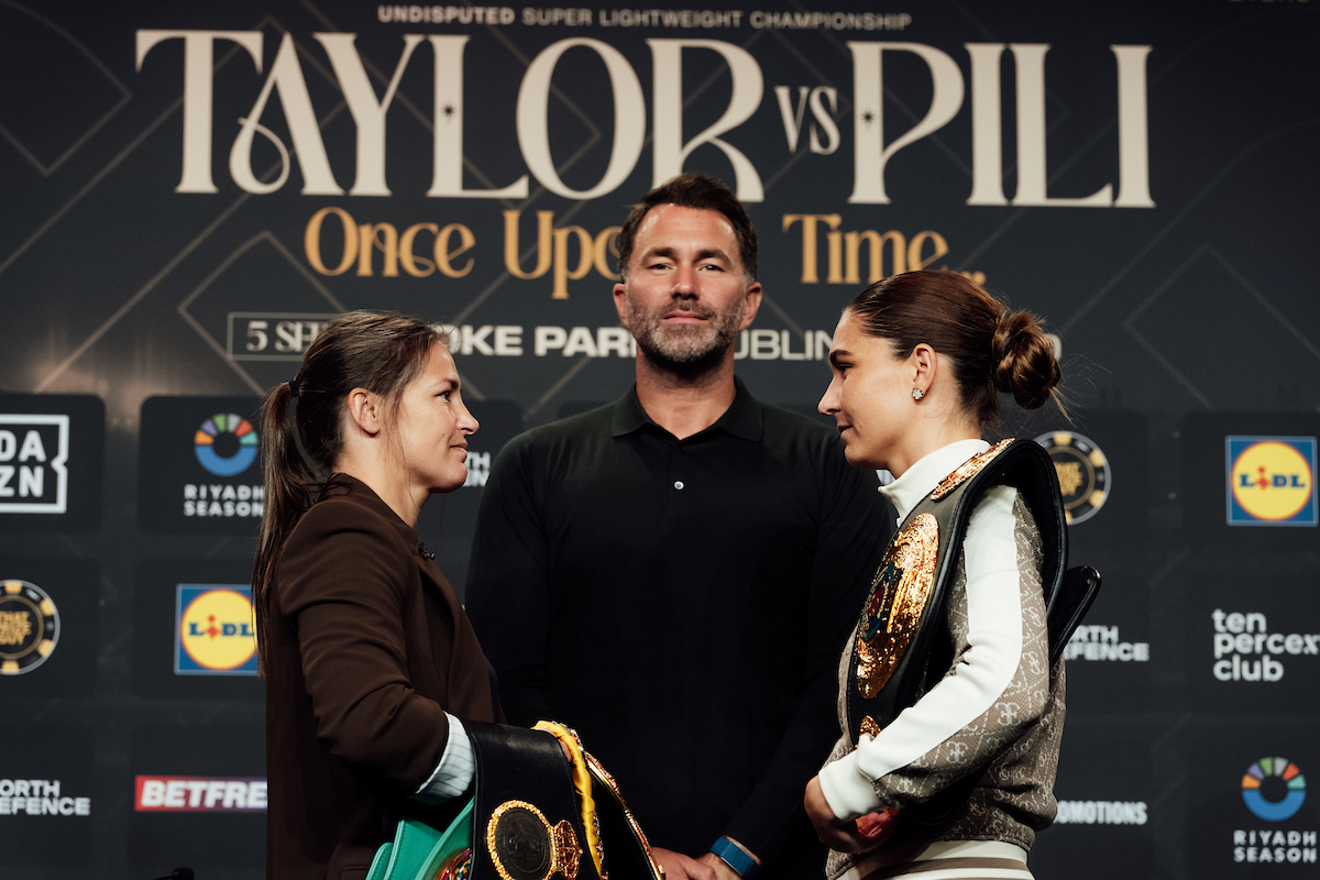 Katie Taylor (left) and Flora Pili face off after a press conference ahead of the Katie Taylor v Flora Pili fight at Croke Park on June 5 n Dublin, Ireland. Photo: Bran Holloway, Matchroom Boxing