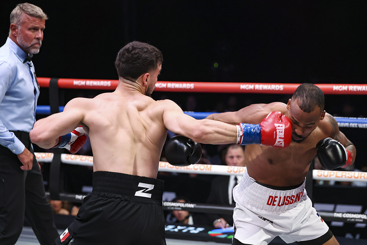 Call him Right Hook Rayo: Jose Valenzuela drilled Edwin De Los Santos with right hooks, ending their rematch in round two in the Zuffa Boxing 08 main event at The Chelsea at The Cosmopolitan Sunday in Las Vegas, Nevada. Photo: Ed Mulholland/ Zuffa Boxing 08