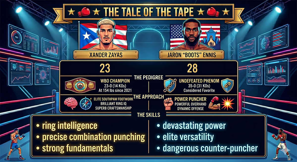 Tale of the Tape: Xander Zayas vs Jaron Ennis. Graphic: Gayle Falkenthal/Gemini