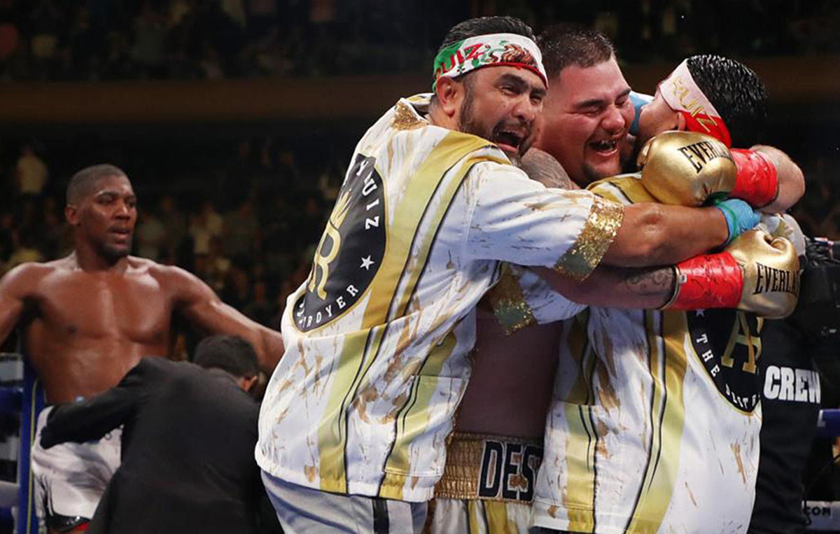Trainers Manny Robles and Edgar Jasso celebrate the improbable victory of Andy Ruiz Jr. after defeating Anthony Joshua. Photo: Premier Boxing Champions